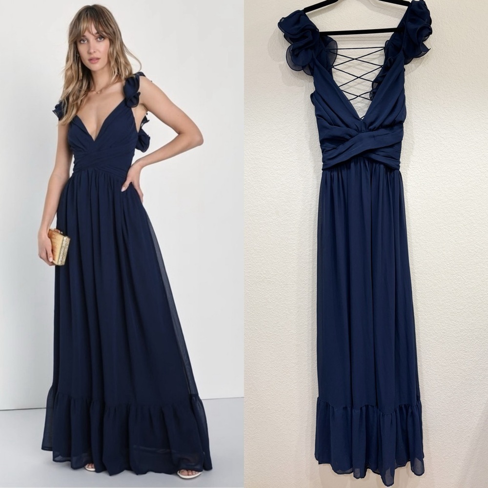 Sz M NWOT Lulus‎ Soiree Celebration Navy Blue Ruffled Lace-Up Maxi Dress